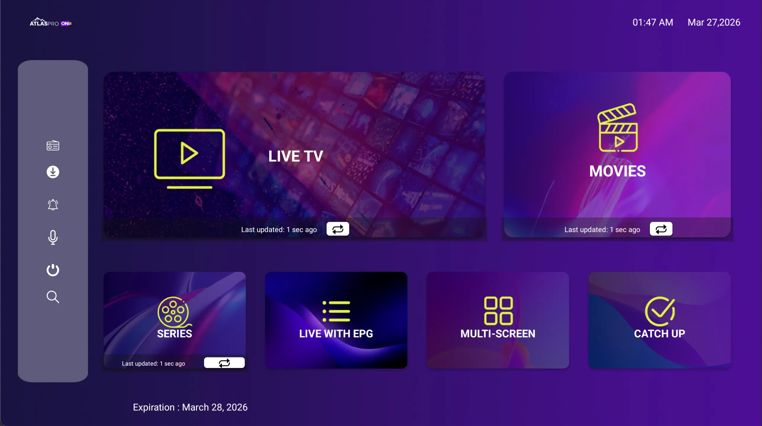 Interface Atlas Pro ONTV – tableau de bord chaînes TV, films et séries